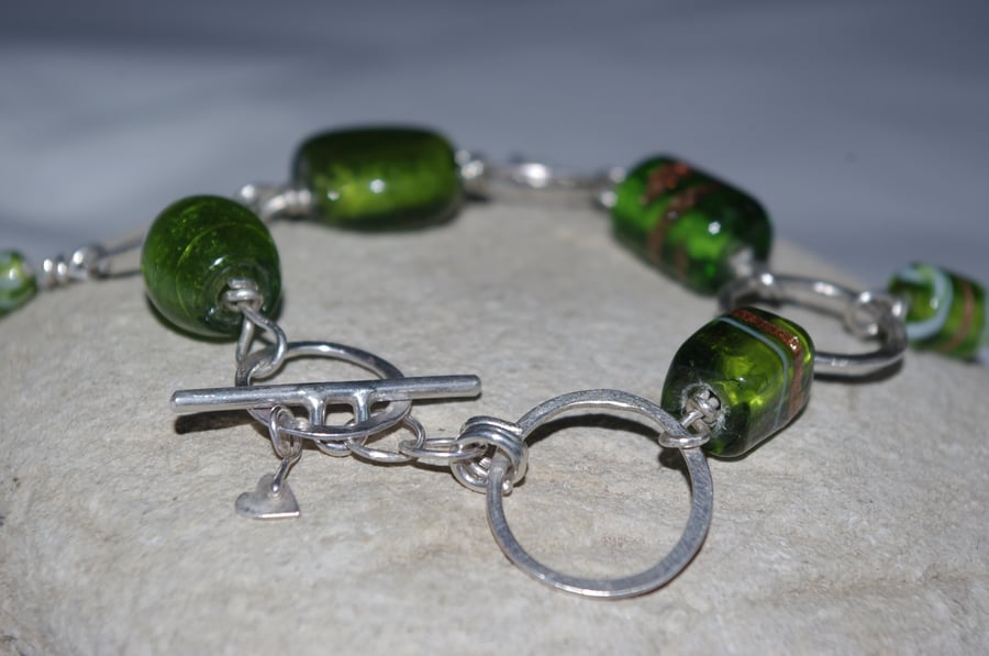 Green glass bead and sterling silver bracelet