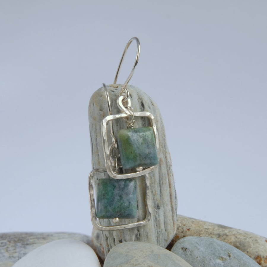 Sterling silver and minty green fuchsite square drop earrings