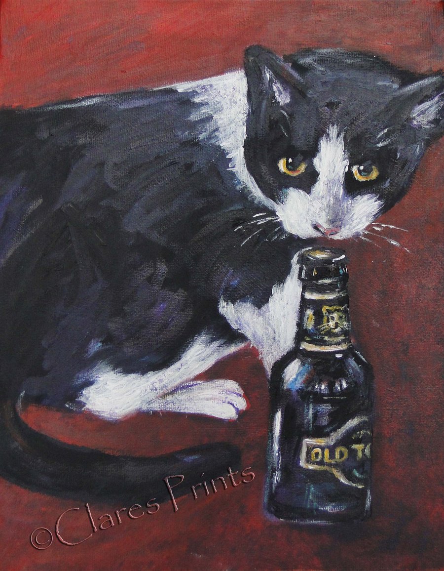 Cat & Beer Art Original Acrylic Painting on Canvas OOAK