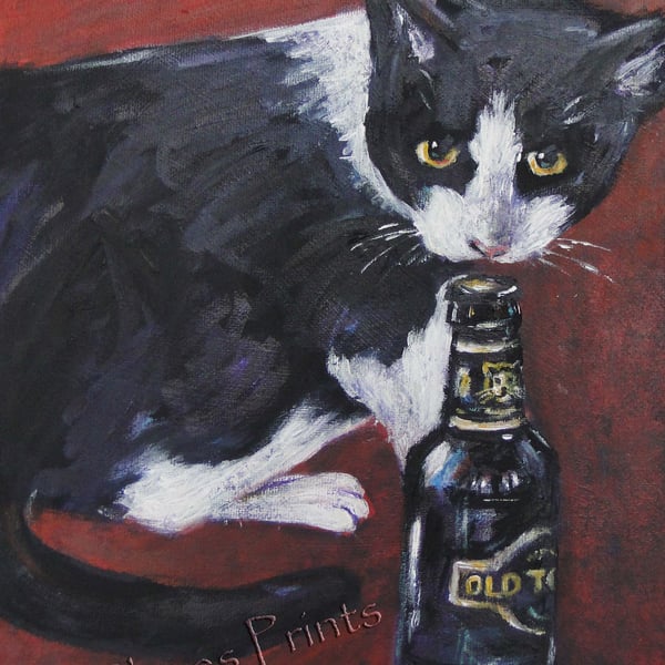 Cat & Beer Art Original Acrylic Painting on Canvas OOAK