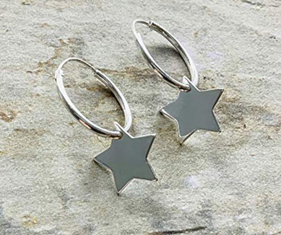 Sterling Silver Star Charm Hoop Earrings 