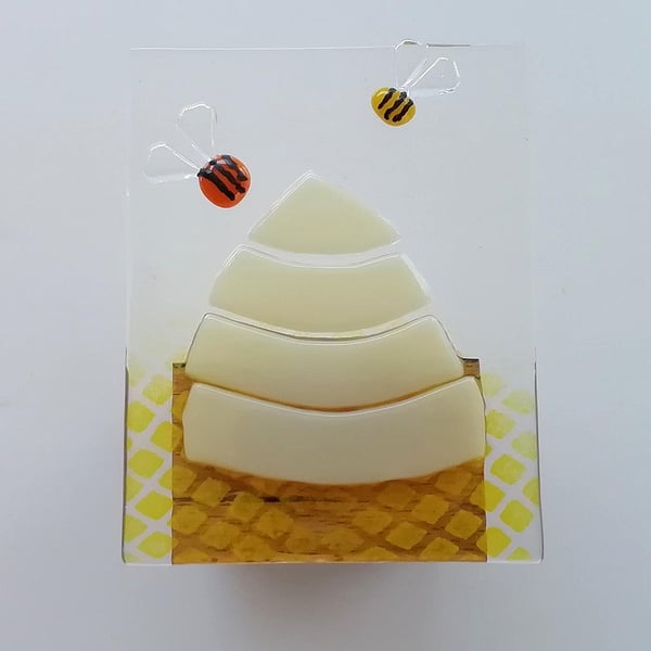 Beehive tea light holder, bumblebee candle holder, fused glass art, gift for mum