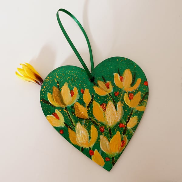 Yellow Crocus Painting Green Hanging Heart Decoration Floral Artwork 
