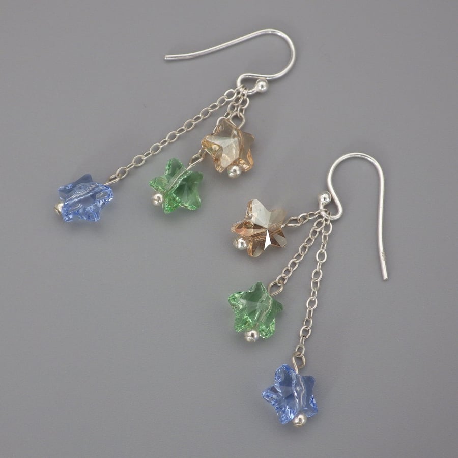 Three tier golden, green and blue Swarovski star bead earrings