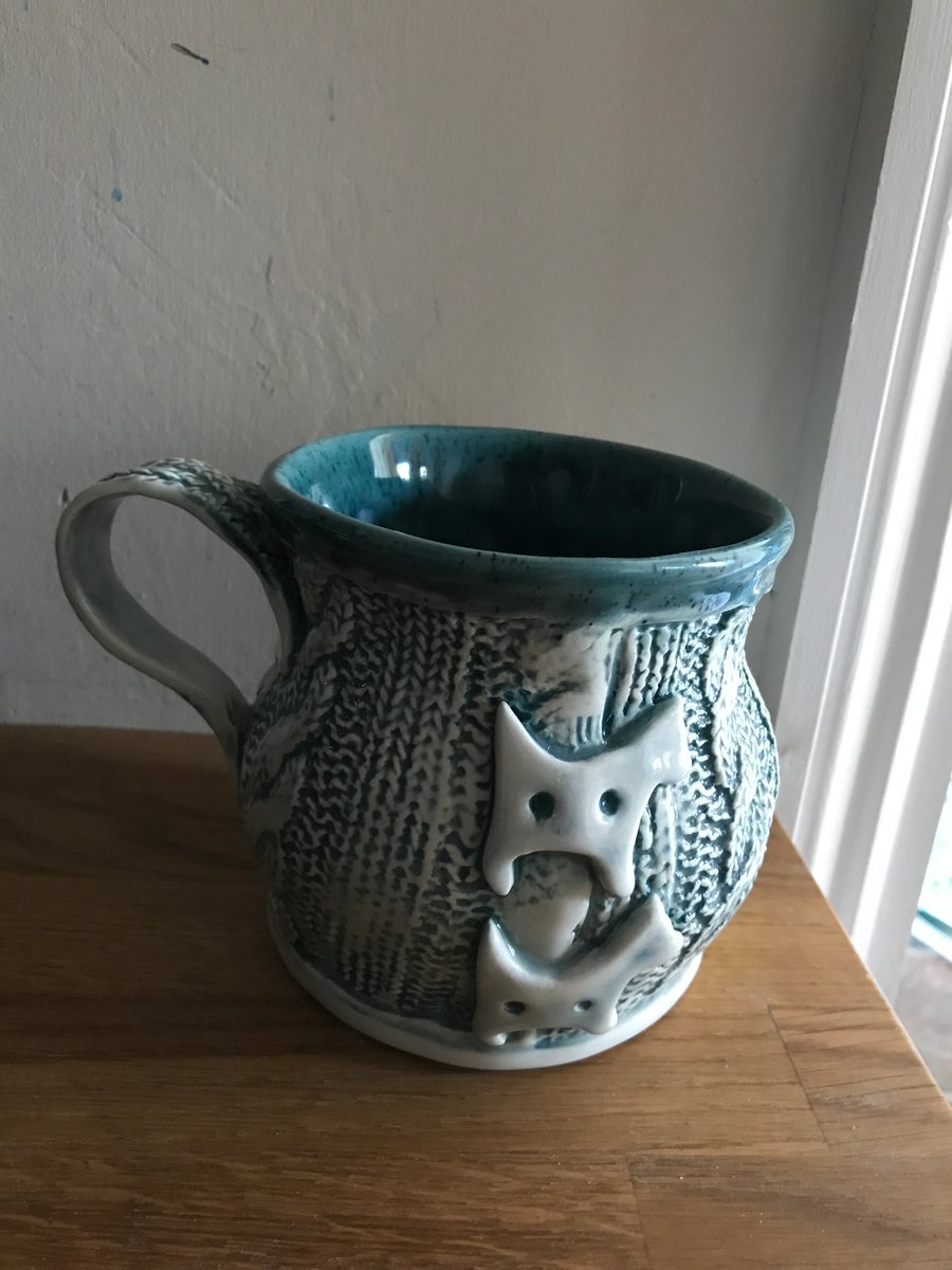 Mug handmade ceramic Textured  green large mug with dog buttons