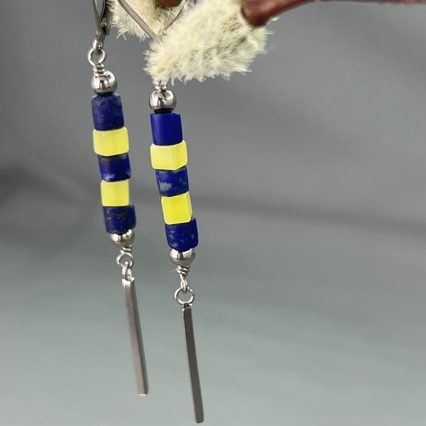 Lapis Lazuli & Serpentine Stainless Steel Lever Back Earrings 