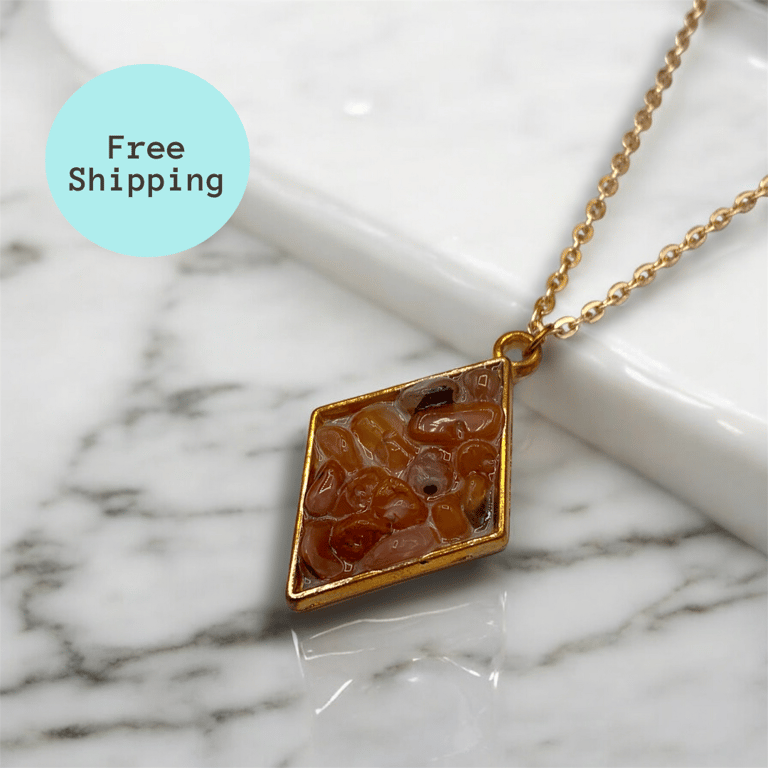 Red Orange Carnelian Diamond shaped Worry Stone Necklace - Free Postage