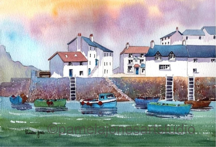 Polperro Harbour Print, Cornwall Print, Watercolour Print, In 14 x 11 '' Mount