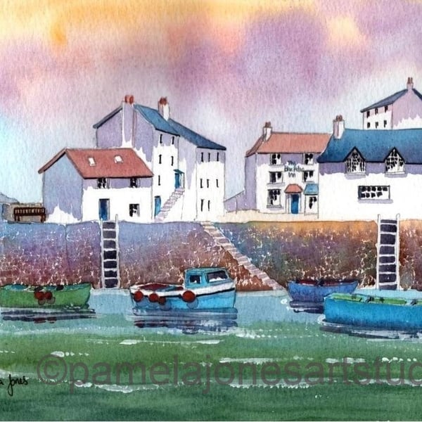 Polperro Harbour Print, Cornwall Print, Watercolour Print, In 14 x 11 '' Mount