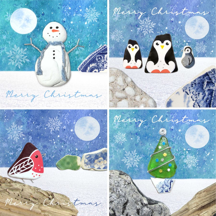 Christmas Cards (8 Pack) - Seaside & Beach Pebble Art. Robin, Snowman, Penguin