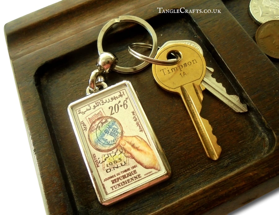Philately Keyring - upcycled vintage postage stamp from 1960s Tunisia