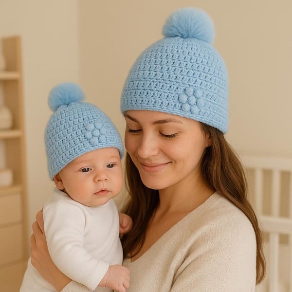 Matching ladies and baby blue crocheted hats with detachable faux fur pompoms 