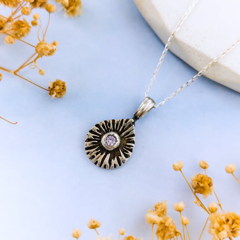 Recycled Silver Teardrop Pendant - Lilac Cubic Zirconia - Allium Flower Pattern