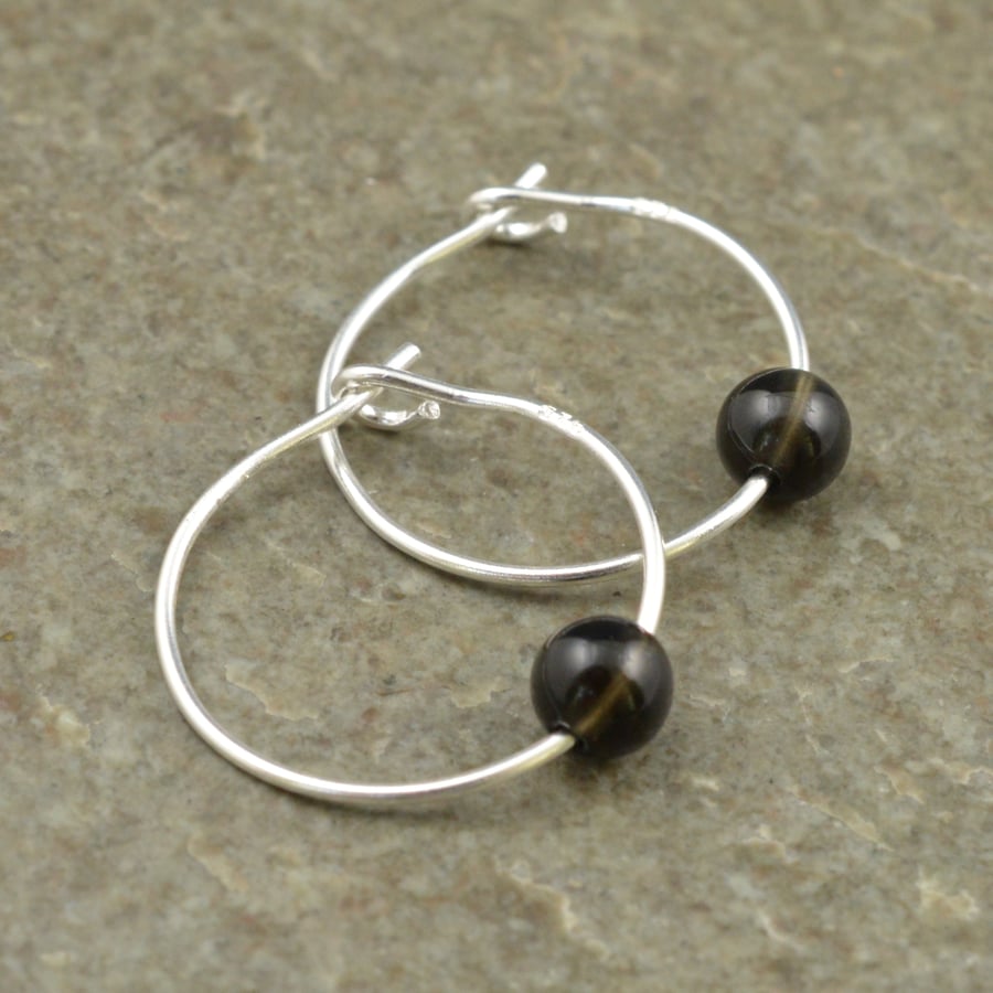 Boho 4mm Tiny Black Obsidian Gemstone & 15mm Sterling Silver Hoop Earrings