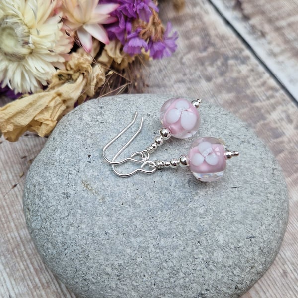 Sterling Silver Pink Flower Lampwork Earrings