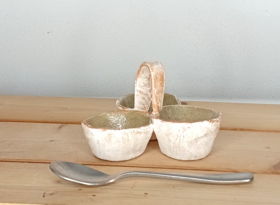 Stoneware hand made condiment  triple caddy table server.