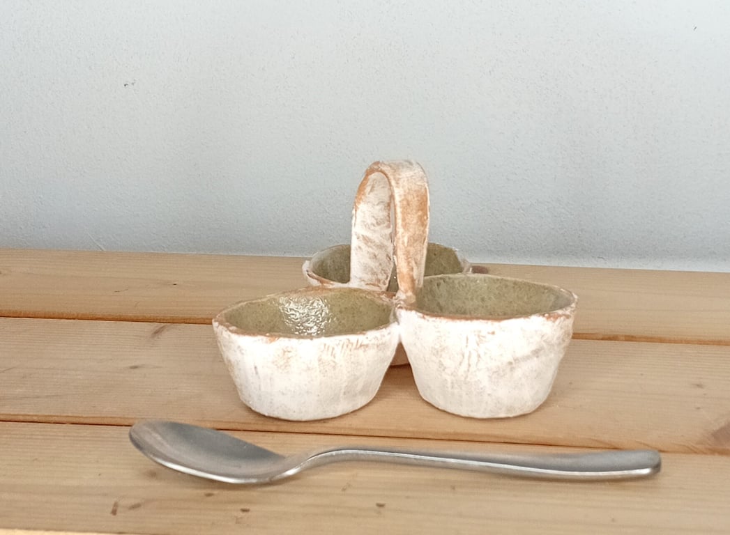 Stoneware hand made condiment  triple caddy table server.