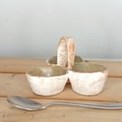 Stoneware hand made condiment  triple caddy table server.