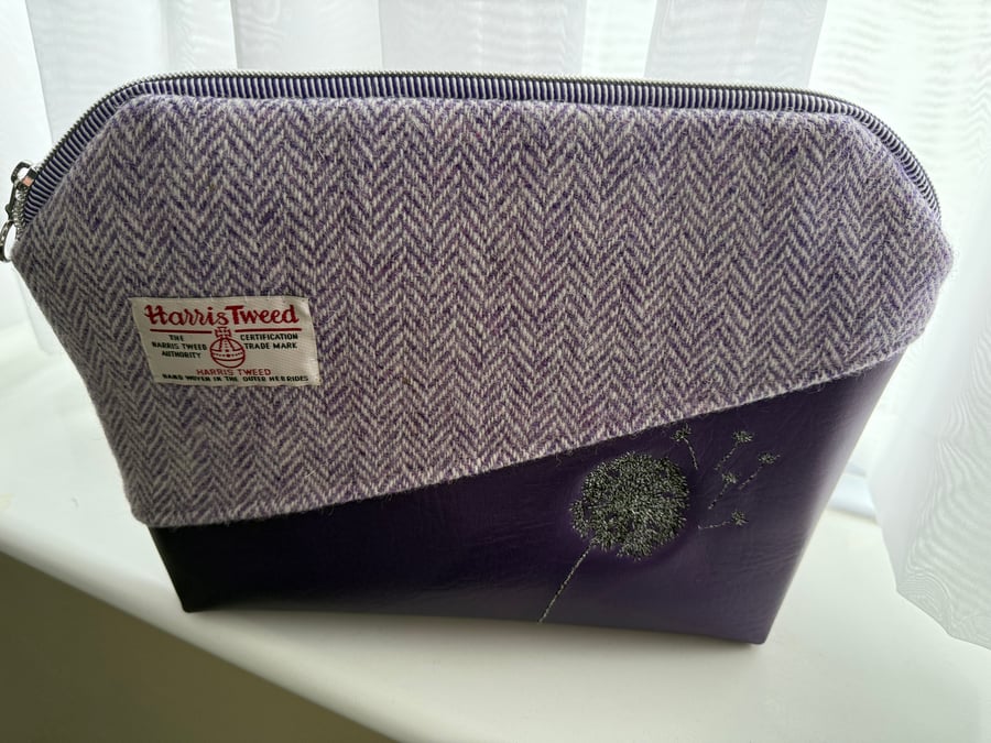 A Large Harris Tweed and Faux Leather Toiletry Bag with Waterproof Lining