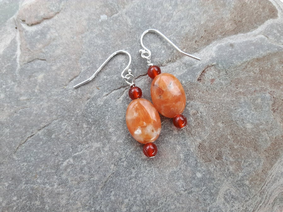Sterling Silver Drop Earrings with Orange Calcite and Carnelian 