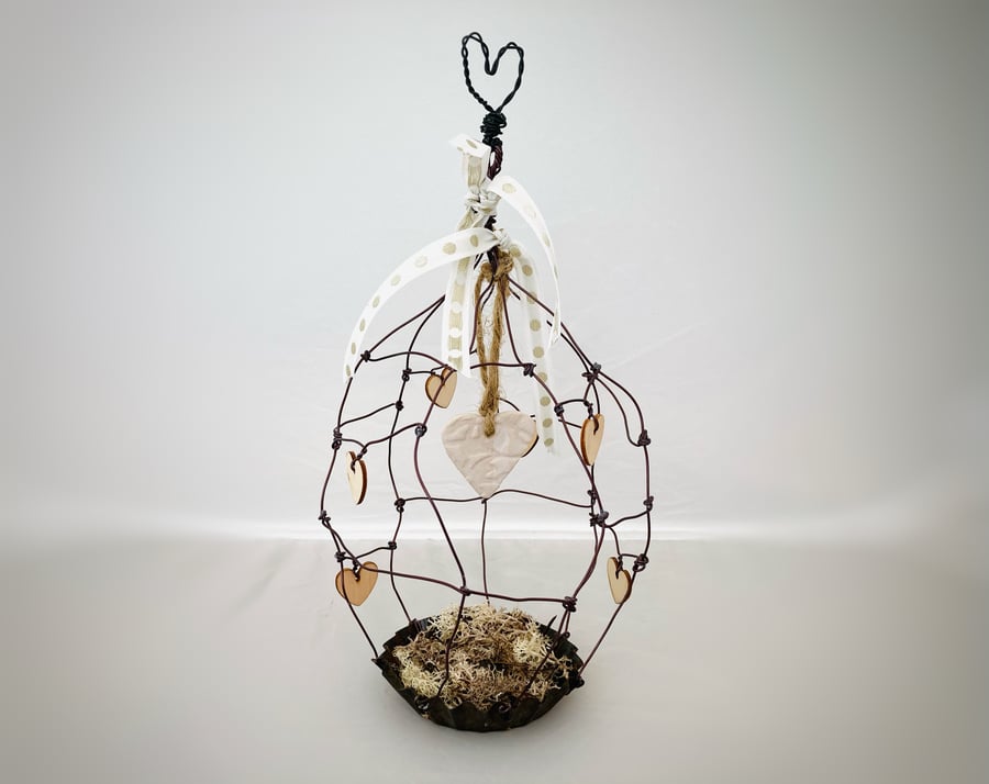 Wire art bird cage, wire art ceramic sculpture