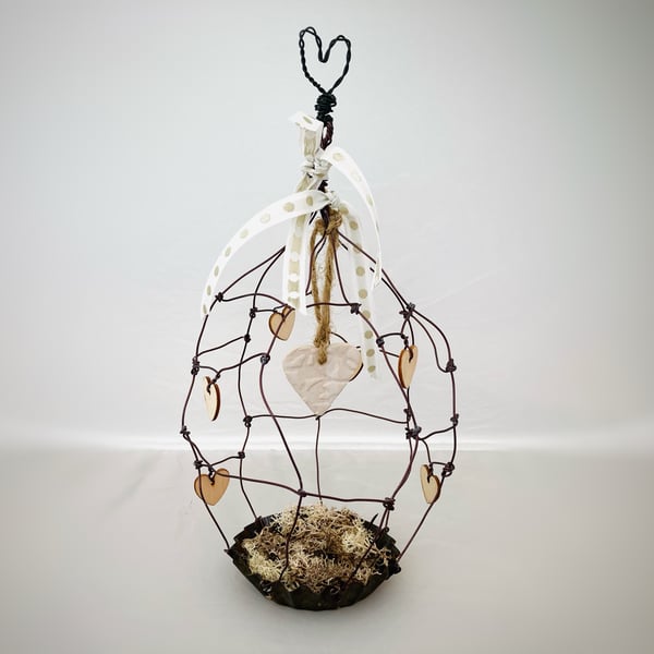 Wire art bird cage, wire art ceramic sculpture