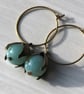 Amazonite Earrings Semi Precious Gems Bronzed Petals Hypoallergenic Brass Hoops  - Image 2