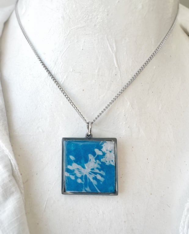Fennel Flower Cyanotype Resin Square Pendant