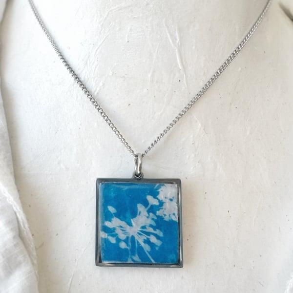 Fennel Flower Cyanotype Resin Square Pendant