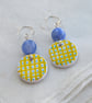 Hand-painted yellow and blue check polymer clay and sterling silver earrings  - Image 3