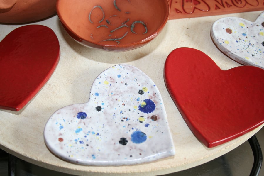 Handmade valentine heart shaped ceramic decoration in white & mixed colours