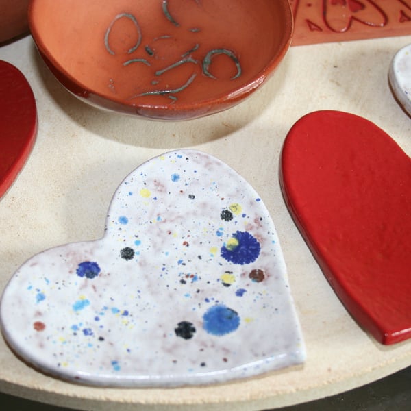 Handmade valentine heart shaped ceramic decoration in white & mixed colours