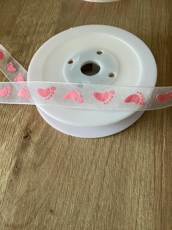 Baby footprint ribbon pink sheer organza 16mm x 5 Metres 