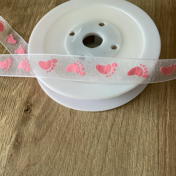 Baby footprint ribbon pink sheer organza 16mm x 5 Metres 