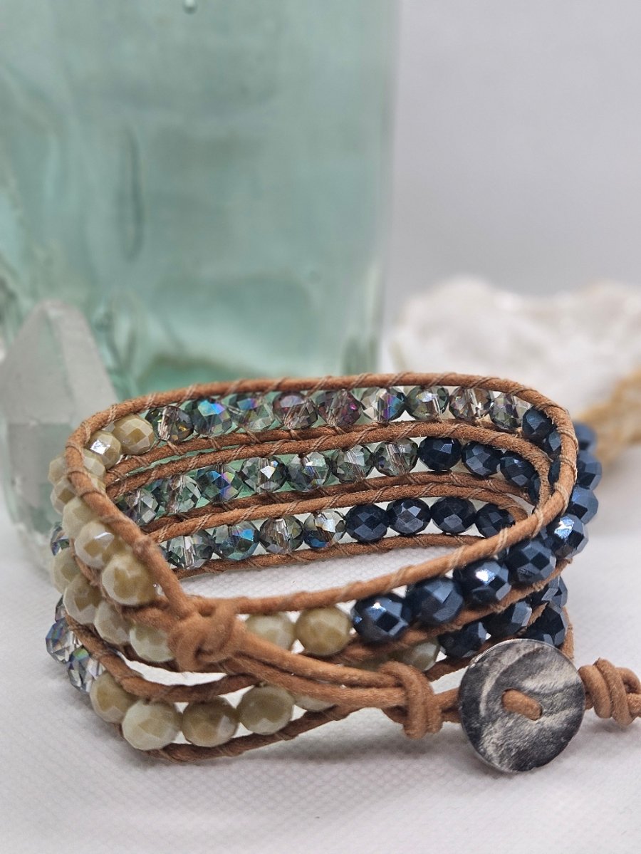 Blue leather triple wrap bracelet boho style with antiqued silver clasp