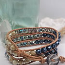 Blue leather triple wrap bracelet boho style with antiqued silver clasp