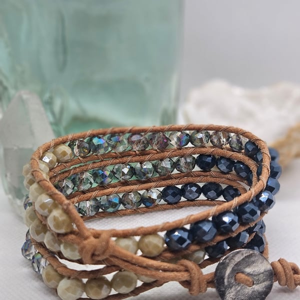Blue leather triple wrap bracelet boho style with antiqued silver clasp