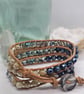 Blue leather triple wrap bracelet boho style with antiqued silver clasp
