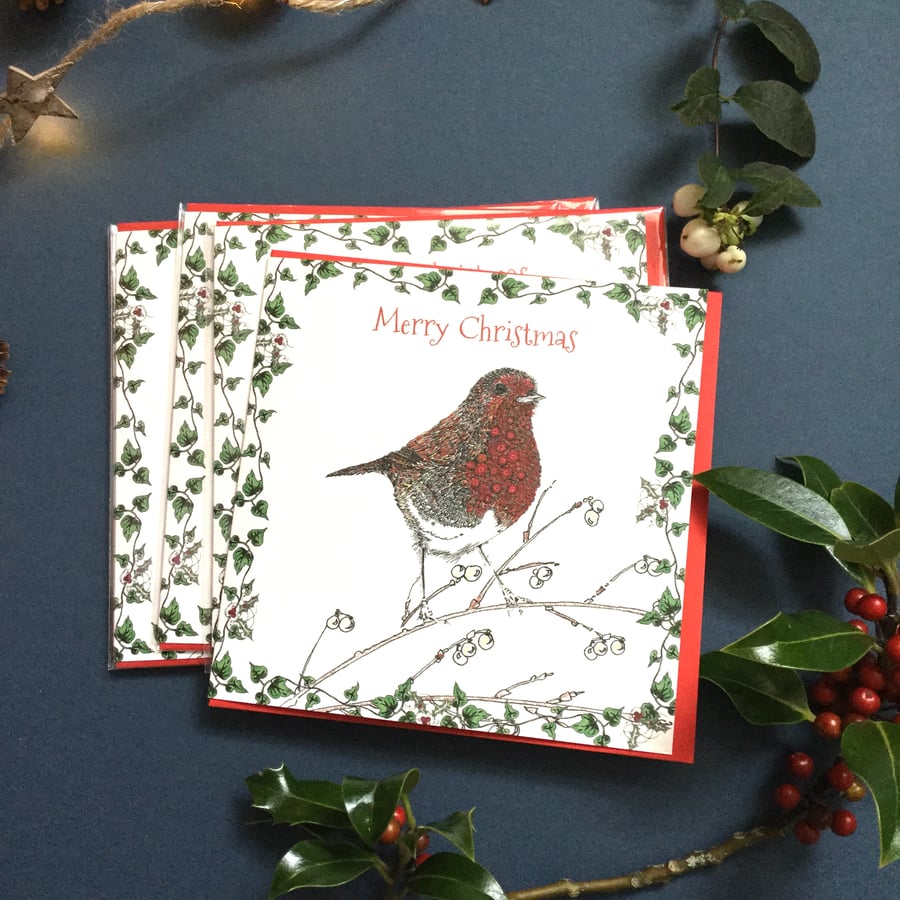 Robin and Mistletoe Card pack x 6
