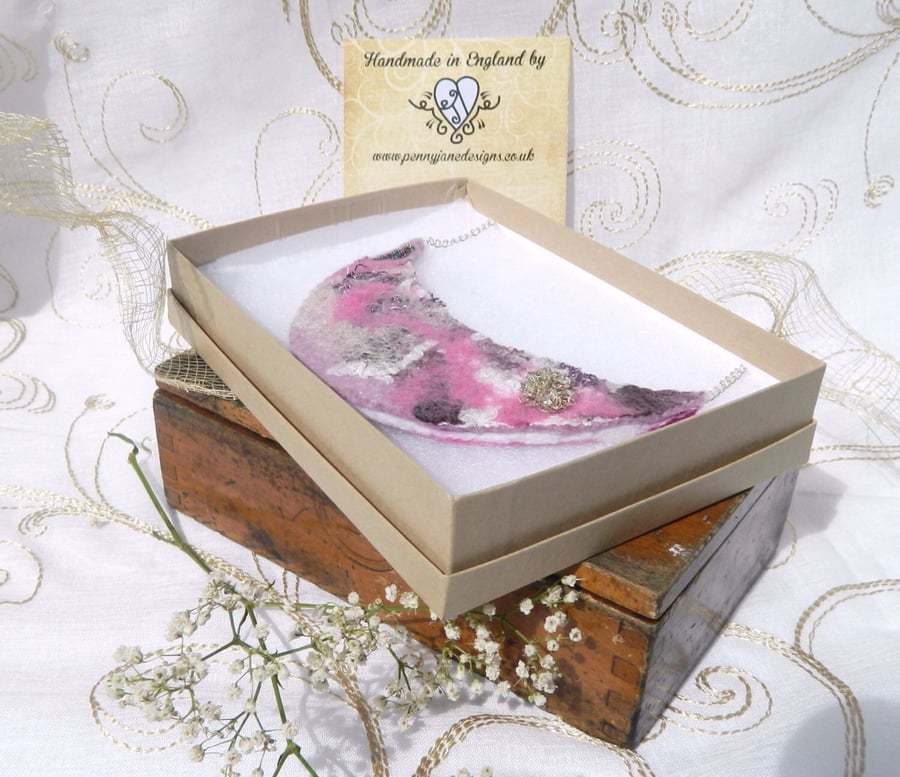 Dark Pink Handmade Felt Summer Necklace Crescent Half Moon