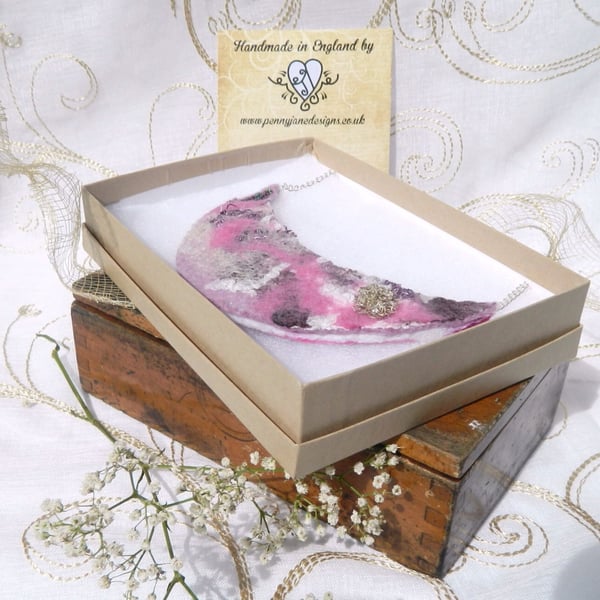 Dark Pink Handmade Felt Summer Necklace Crescent Half Moon