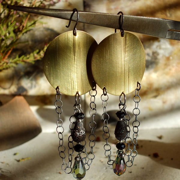 Mixed-metal chandelier earrings with agate and oxidised silver