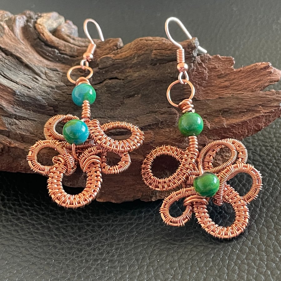 Chrysocolla Wire Wrapped Copper Earrings