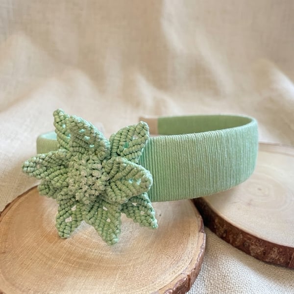 Mint Green Knotwork Headband with Sage Floral Detail, Micro Macrame Hair Accesso