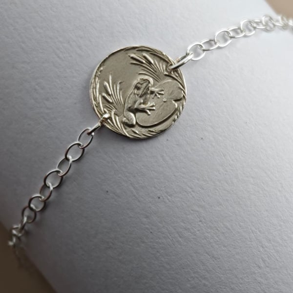 Frog Engraved Sterling Silver Coin Bracelet
