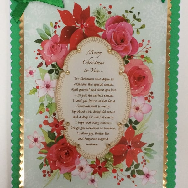 Handmade Christmas Card Merry Christmas To You Xmas Poinsettias Roses