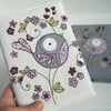 freehand embroidered floral bird fabric sketchbook notebook cover - purple lilac