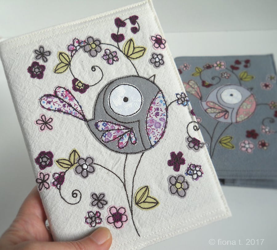 freehand embroidered floral bird fabric sketchbook notebook cover - purple lilac