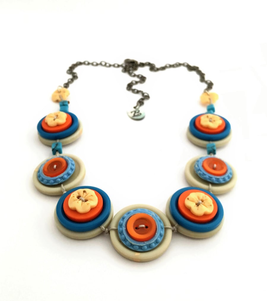 Bright and bold, Smoky blue and Orange vintage button necklace - one off piece