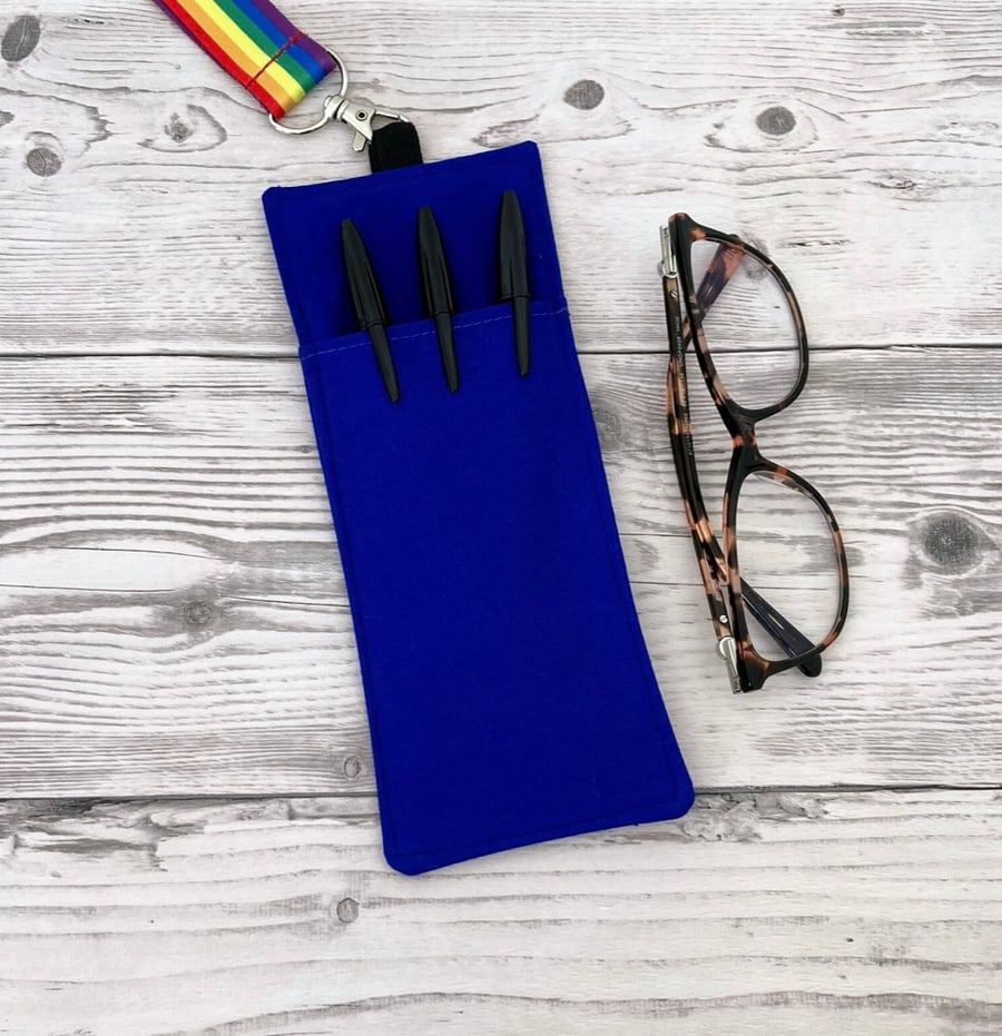 Blue Double Sided Glasses and Pen Holder for Lanyards. Cotton Fabric.